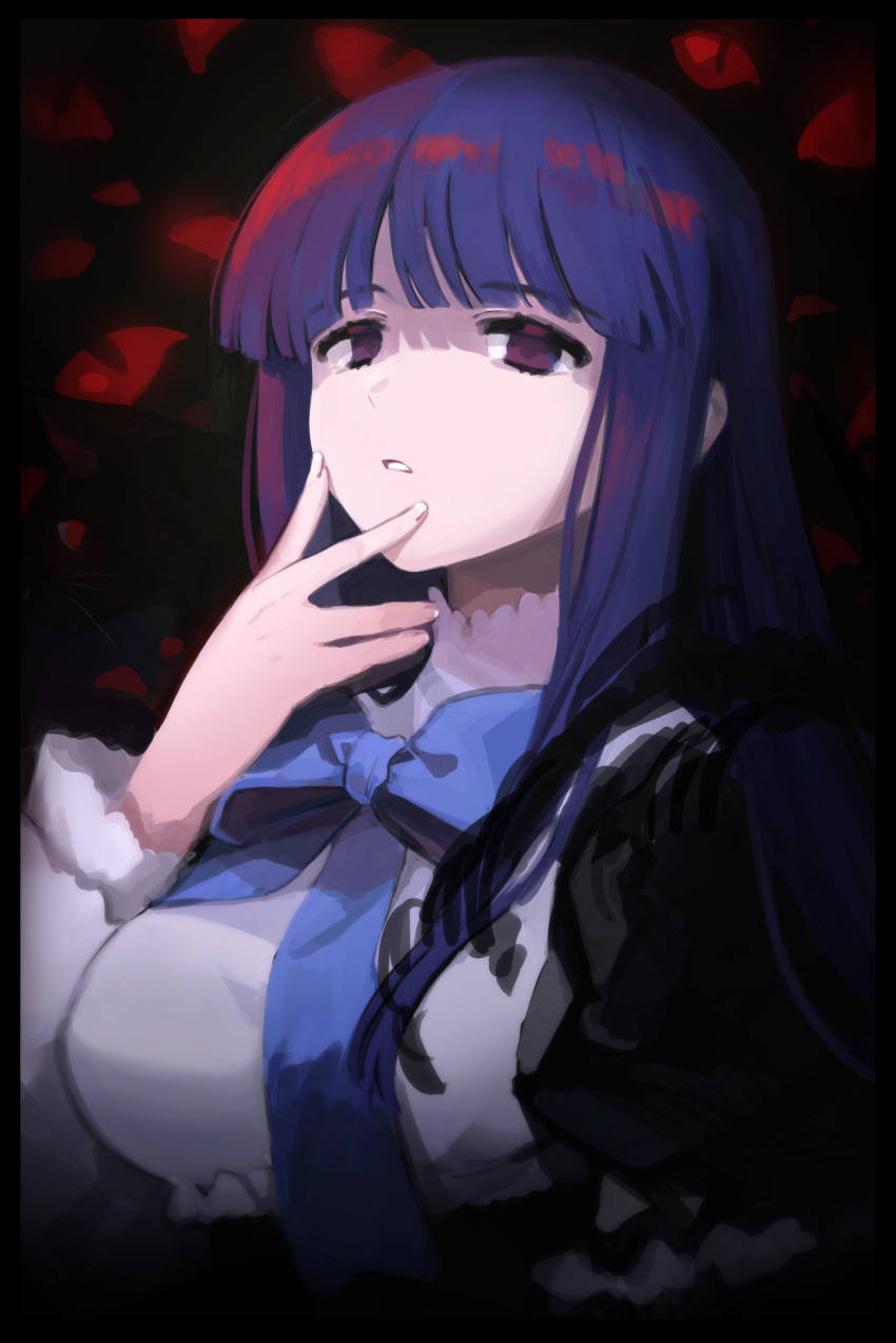 1girl absurdres arm_up bangs black_background black_border black_cat blue_bow blue_bowtie blue_hair blunt_bangs border bow bowtie breasts cat commentary_request dress empty_eyes eyebrows_visible_through_hair frederica_bernkastel hand_on_own_face high_collar highres large_breasts layered_sleeves long_hair long_sleeves looking_at_viewer parted_lips puffy_short_sleeves puffy_sleeves short_sleeves sidelocks simple_background sketch solo umineko_no_naku_koro_ni upper_body violet_eyes white_dress yang38