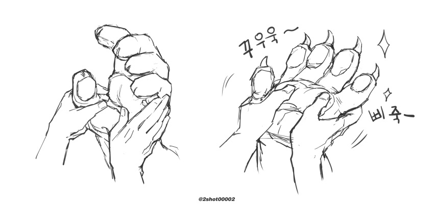 2boys animal_hands arknights claws couple fingernails furry furry_with_furry grabbing_another's_hand greyscale hand_focus hands highres hung_(arknights) korean_text monochrome mountain_(arknights) multiple_boys pressing sharp_fingernails sigppang_(2shot00002) size_difference sparkle translation_request