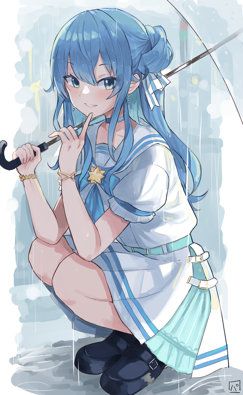 1girl absurdres bangs bare_legs black_footwear blouse blue_hair blue_neckwear blue_ribbon bracelet earrings elbows_on_knees finger_to_mouth hair_between_eyes hair_ribbon highres holding holding_umbrella hololive hoshimachi_suisei jewelry long_hair looking_at_viewer neck_ribbon neckerchief parted_lips pineapple_(pine) pleated_skirt rain ribbon sailor_collar school_uniform serafuku shoes short_sleeves signature skirt smile solo squatting star_(symbol) star_in_eye symbol_in_eye umbrella uniform virtual_youtuber white_blouse white_sailor_collar white_skirt
