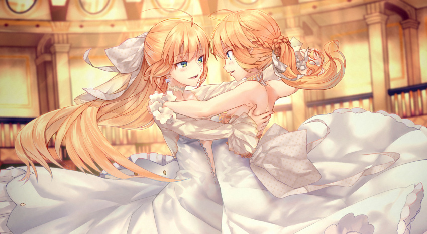2girls ahoge artoria_pendragon_(caster)_(fate) artoria_pendragon_(fate) backless_dress backless_outfit bare_shoulders blonde_hair braid choker commentary_request dancing dress earrings eyebrows_visible_through_hair fate/grand_order fate_(series) green_eyes hair_between_eyes highres holding_hands indoors jewelry kuroaki long_hair looking_at_another multiple_girls open_mouth ponytail saber sleeveless teeth tongue very_long_hair yuri