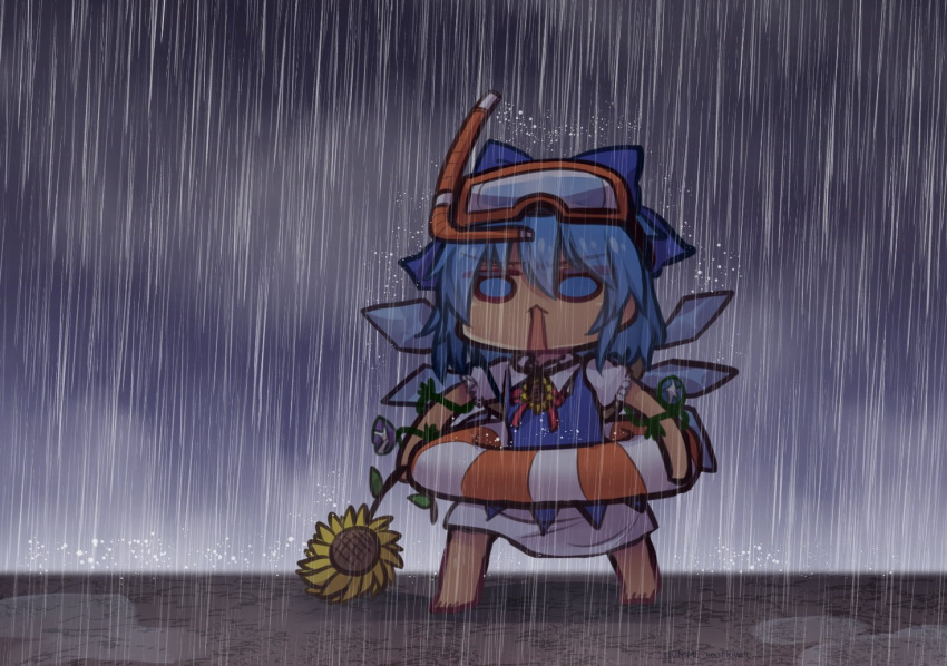 1girl bangs barefoot blue_dress blue_eyes blue_hair cirno collared_dress commentary_request dark dress eyebrows_visible_through_hair flower hair_between_eyes ice ice_wings one-hour_drawing_challenge open_mouth plant puffy_short_sleeves puffy_sleeves rain red_neckwear red_ribbon ribbon short_hair short_sleeves snorkel solo standing striped_innertube sunflower tanned_cirno touhou unime_seaflower vines water_drop wing_collar wings