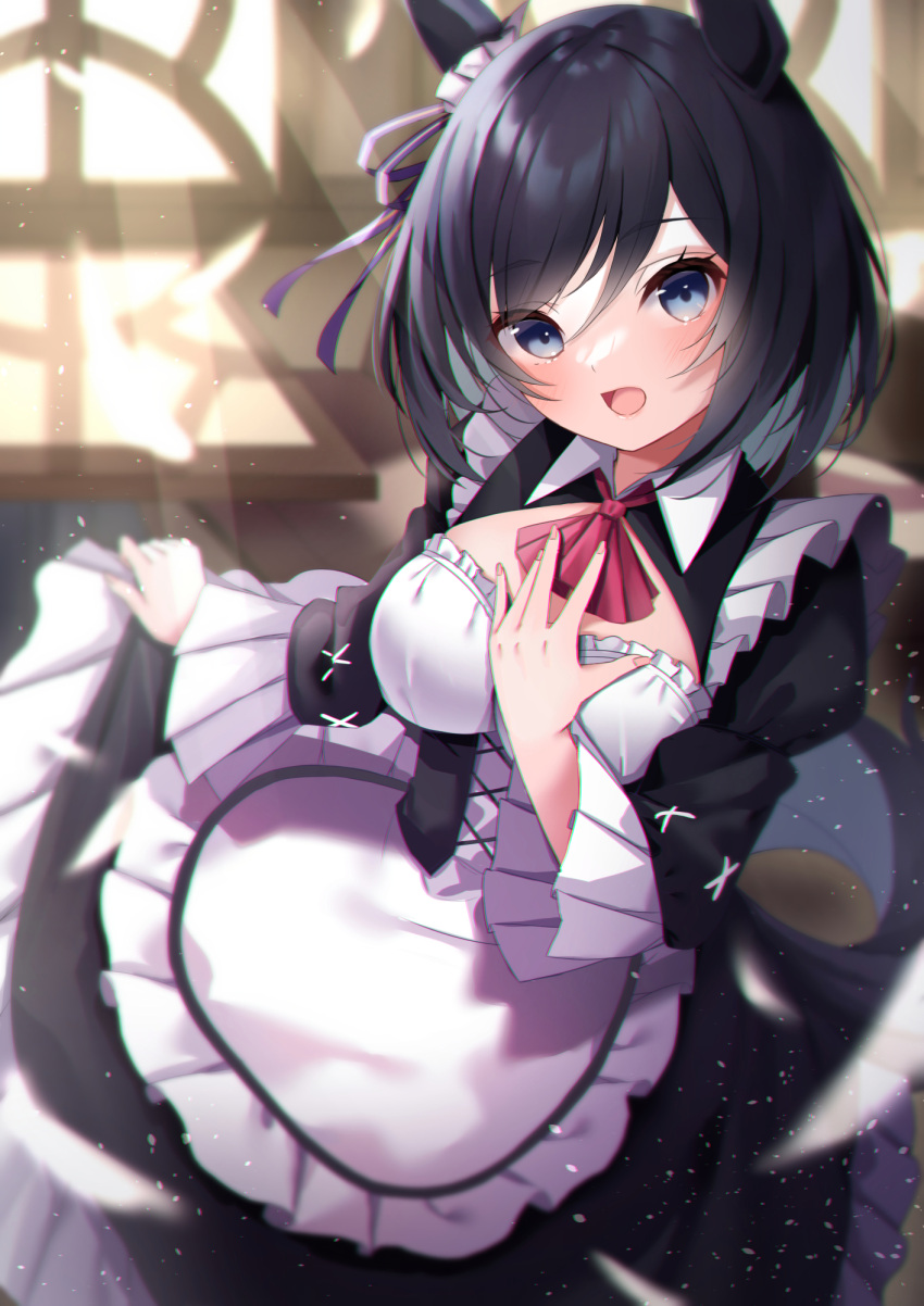 1girl amahara_pekozaemon animal_ears apron ascot bangs black_dress black_hair blue_eyes blurry blurry_background breasts day depth_of_field dress eishin_flash_(umamusume) eyebrows_visible_through_hair frilled_apron frilled_dress frills hair_between_eyes hand_up highres horse_ears horse_girl indoors juliet_sleeves long_sleeves looking_at_viewer medium_breasts open_mouth puffy_sleeves red_neckwear skirt_hold solo sunlight umamusume waist_apron white_apron