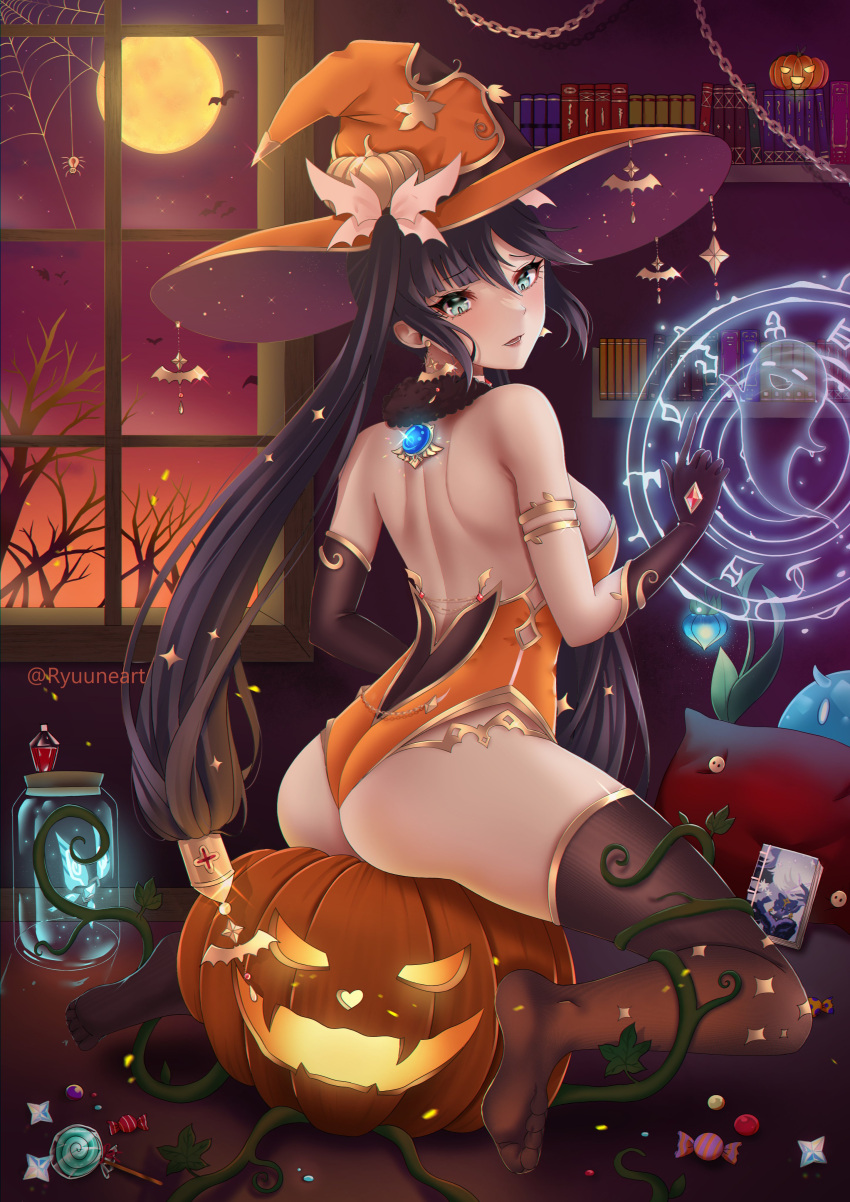 1girl absurdres adapted_costume ass back bangs black_hair blush breasts genshin_impact green_eyes halloween hat hat_ornament highleg highleg_leotard highres leotard long_hair looking_at_viewer medium_breasts mona_(genshin_impact) ryuuneart thighlet thighs twintails witch_hat