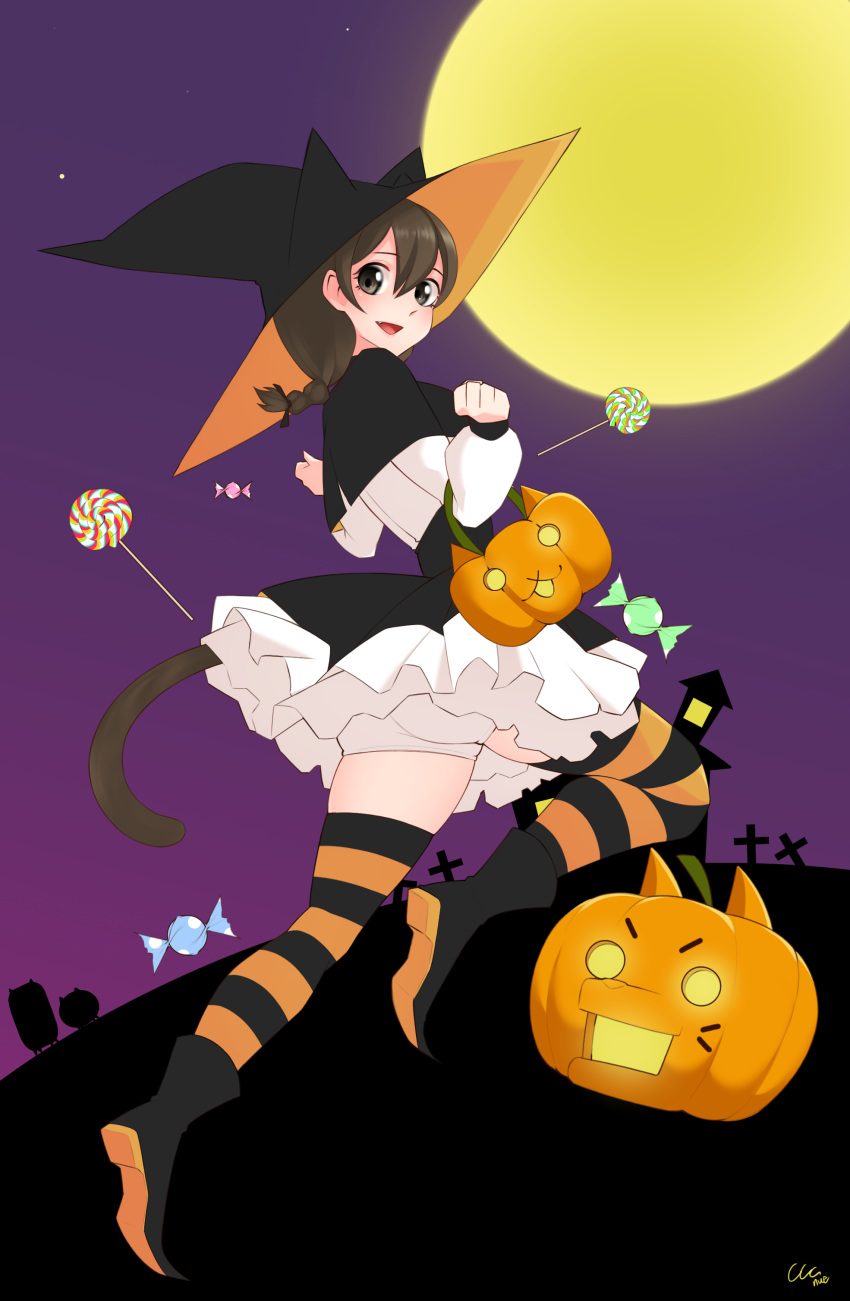1girl absurdres ass black_eyes black_footwear bloomers braid breasts brown_hair candy cat_(nyanko_daisensou) cat_tail cow_coconut doggy_(nyanko_daisensou) food hat highres jack-o'-lantern lollipop mansion minya_(nyanko_daisensou) moon nyanko_daisensou striped striped_legwear tail tombstone trick-or-treating underwear witch_hat