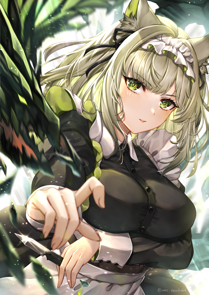 1girl absurdres animal_ear_fluff animal_ears apron arknights arm_under_breasts bangs black_ribbon breasts buttons cat_ears cat_girl collared_dress commentary_request eyebrows_visible_through_hair green_eyes green_hair hair_ribbon highres holding holding_knife kal'tsit_(arknights) knife large_breasts long_sleeves maid maid_headdress medium_hair mon3tr_(arknights) official_alternate_costume parted_lips ribbon solo tamaso twitter_username upper_body white_apron