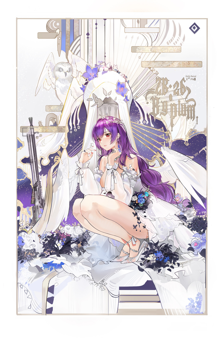 1girl angel_wings bare_legs blush breasts bridal_veil bug butterfly closed_mouth dress dress_flower earrings eyebrows_visible_through_hair full_body girls_frontline hand_up high_heels highres jewelry legs long_hair looking_down nail_polish plumw purple_hair red_eyes red_nails ring sitting solo thighs veil wedding_band wedding_dress white_dress white_footwear white_wings wings zb-26_(girls'_frontline) zb_26