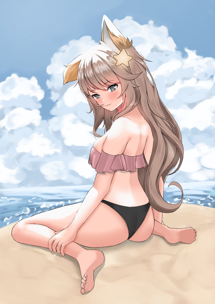 1girl absurdres animal_ears annytf ass back beach bikini blush brown_hair clouds eiene eyebrows_visible_through_hair feet fox_ears fox_girl grey_hair highres indie_virtual_youtuber long_hair looking_at_viewer no_tail ocean pink_bikini sand shadow sitting smile solo star_(symbol) swimsuit virtual_youtuber wariza water