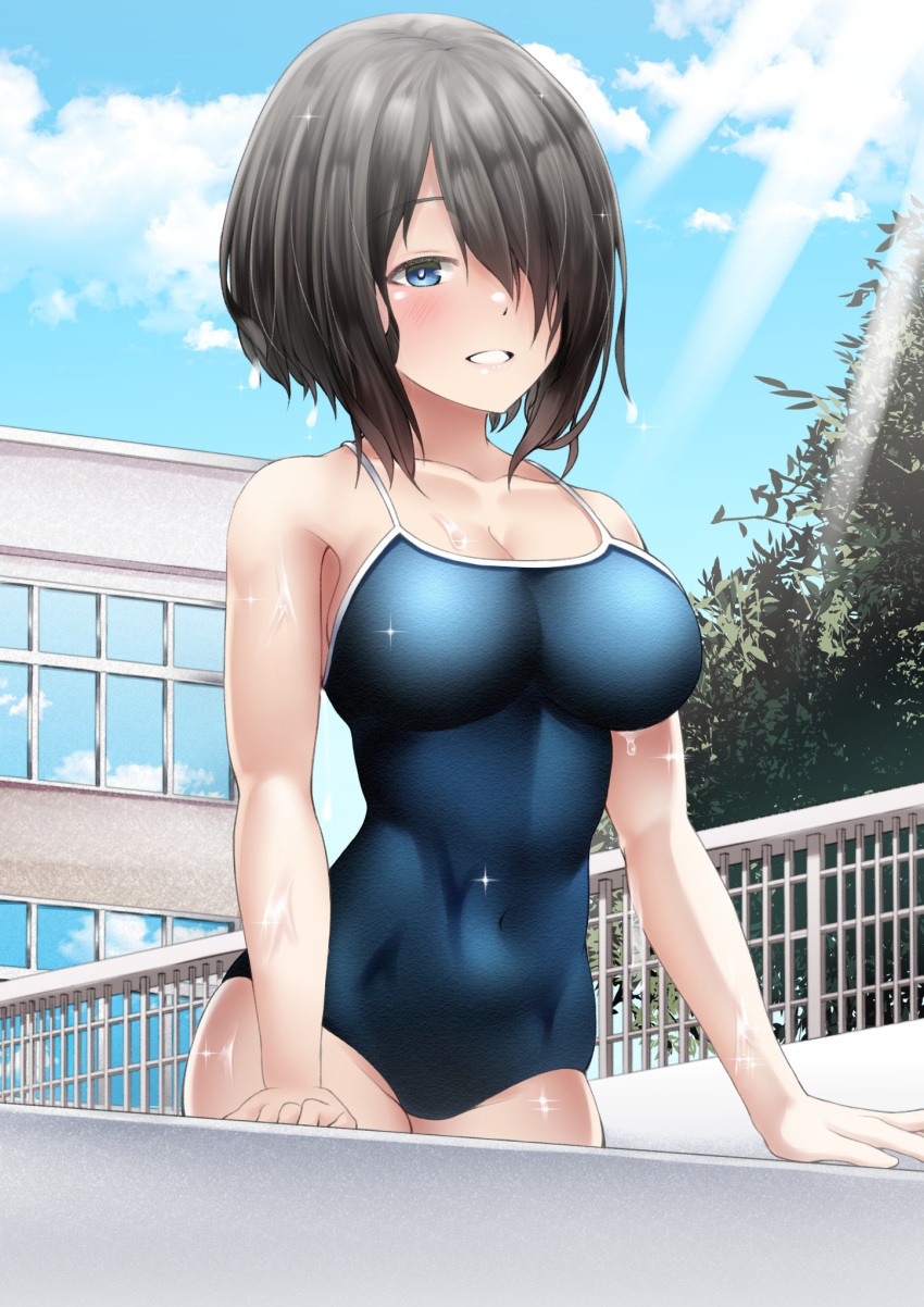 1girl black_hair blue_eyes blue_sky blue_swimsuit building clouds commentary_request competition_school_swimsuit cowboy_shot day fence hair_over_one_eye highres looking_at_viewer original outdoors parted_lips school_swimsuit short_hair signdasuyo sky solo swimsuit tree