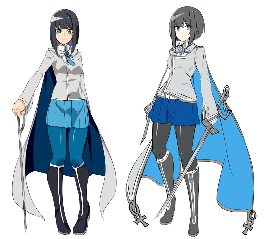 1girl absurdres black_footwear black_hair black_legwear blue_cape blue_eyes blue_legwear blue_skirt blush bob_cut boots cape closed_mouth doko_tetora grey_cape grey_jacket highres holding holding_sword holding_weapon inverted_bob jacket long_sleeves looking_at_viewer miniskirt multiple_views original pantyhose parted_lips pigeon-toed pleated_skirt rei_(doko_tetora) simple_background skirt sword two-sided_cape two-sided_fabric weapon white_background