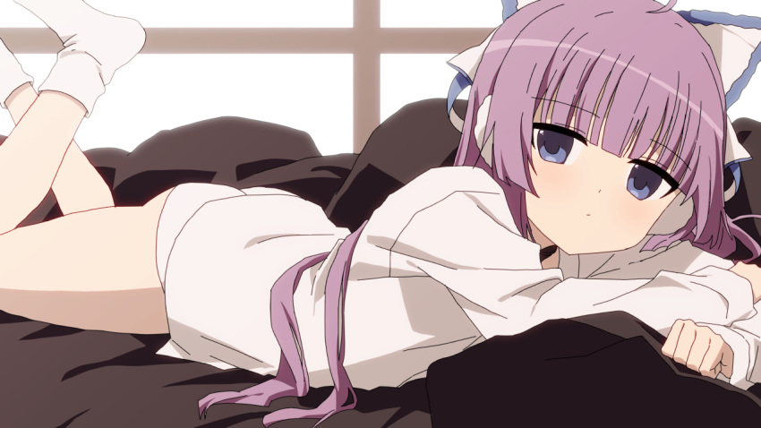 1girl ass azur_lane bangs bed_sheet blue_eyes blush bow closed_mouth commentary_request eyebrows_visible_through_hair hair_bow long_hair long_sleeves looking_at_viewer lying on_stomach oueo panties purple_hair shirt sleeves_past_wrists socks solo tashkent_(azur_lane) underwear very_long_hair white_bow white_legwear white_panties white_shirt window