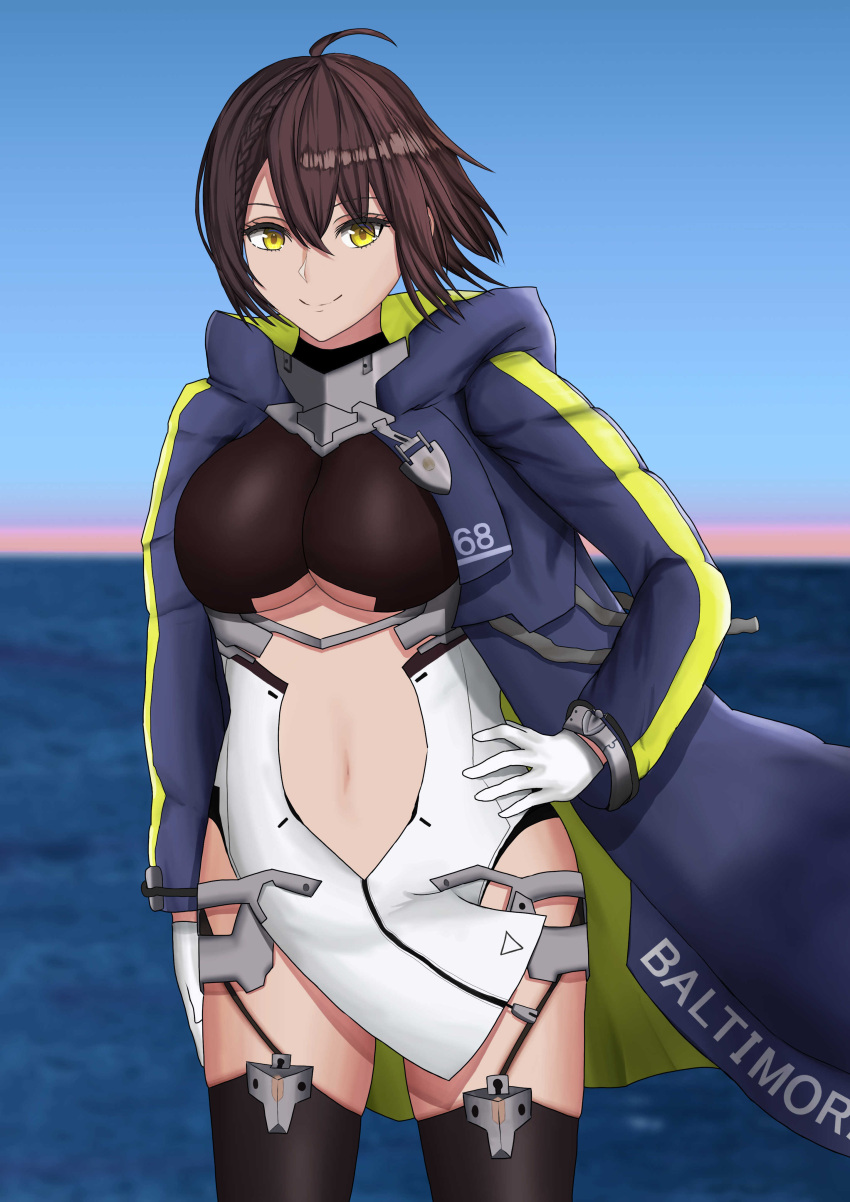 absurdres ahoge azur_lane baltimore_(azur_lane) black_legwear black_leotard blue_coat blue_jacket braid breasts brown_hair center_opening character_name clothing_cutout clouds cloudy_sky coat cowboy_shot dawn dress eyebrows_visible_through_hair french_braid gloves gradient_sky hair_between_eyes hand_on_hip highres hood hooded_coat hooded_jacket jacket kalinin4410 large_breasts leotard long_sleeves looking_at_viewer morning multicolored_coat name_tag ocean outdoors short_hair sky stomach_cutout thigh-highs underboob_cutout water white_gloves yellow_eyes