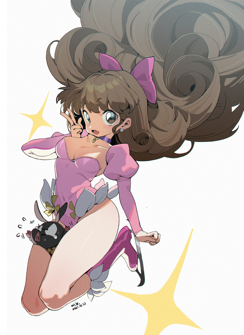 1girl bandana bangs between_legs bow breasts brown_hair collar dated detached_sleeves earrings eyebrows_visible_through_hair figure_skating flying_sweatdrops hair_bow hibiki_ryouga highres ice_skates jewelry leotard long_hair looking_at_viewer open_mouth p-chan piglet ranma_1/2 shiratori_azusa signature skates smile sparkle struggling sweat tears trapped v waterkuma white_background