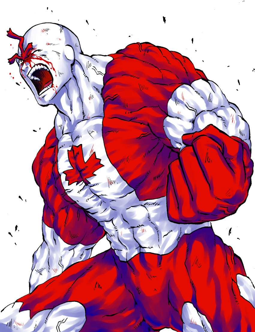 1boy :o bald bleeding blood canadianman clenched_hand colored_skin ga.b highres kinnikuman male_focus muscular redhead shouting simple_background solo standing thick_eyebrows veins white_background white_skin