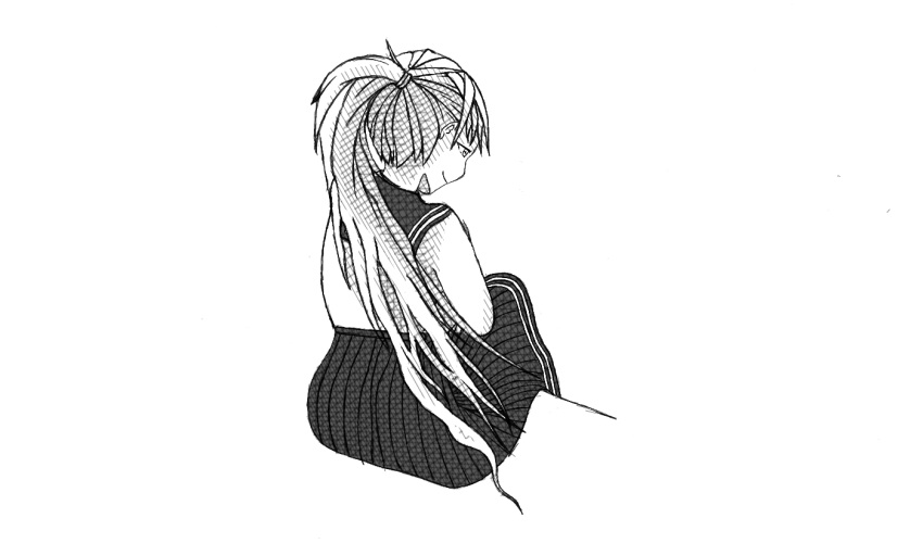 casual facing_away monochrome original ponytail school_uniform sitting