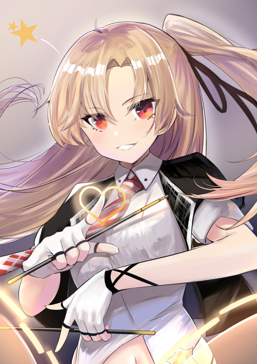 1girl azur_lane blonde_hair breasts cleveland_(azur_lane) cleveland_(muse)_(azur_lane) clothing_cutout drum drumsticks eyebrows_visible_through_hair fingerless_gloves gloves heart highres idol instrument one_side_up ponytail red_eyes schreibe_shura shirt small_breasts smile solo star_(symbol) stomach_cutout striped striped_neckwear two-tone_neckwear white_shirt
