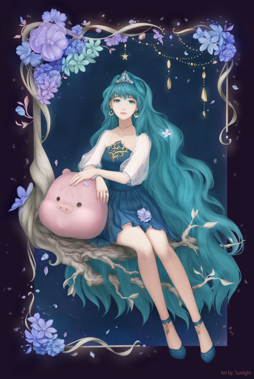 1girl animal_pillow blue_dress bracelet branch chain dress drop_earrings earrings flower full_body gold_chain green_eyes green_hair hair_intakes highres jewelry leaf lips long_hair looking_at_viewer original petals pig pillow princess rose sitting solo star_(symbol) sunlight_(kpxv3583) tassel tiara very_long_hair wavy_hair