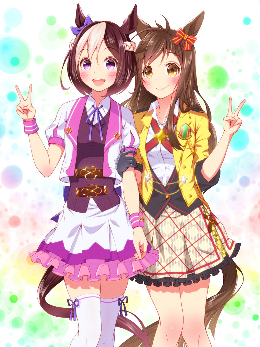 2girls animal_ears black_gloves bow braid brown_hair buena_vista_(umamusume) chain collarbone collared_shirt cowlick cropped_jacket eyebrows_visible_through_hair french_braid frilled_skirt frills gloves gold_chain highres horse_ears horse_girl horse_tail jacket light_brown_hair long_hair looking_at_viewer multicolored_hair multiple_girls neck_ribbon puffy_short_sleeves puffy_sleeves purple_bow purple_ribbon red_bow ribbon shirt short_hair short_sleeves single_glove skirt special_week_(umamusume) striped striped_bow sugimotty_nova tail thigh-highs trait_connection two-tone_hair umamusume v violet_eyes white_shirt wristband yellow_bow yellow_eyes yellow_jacket
