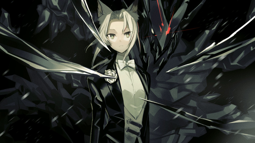 1girl animal_ear_fluff animal_ears arknights blonde_hair bow bowtie cat_ears claws closed_mouth commentary_request green_eyes kal'tsit_(arknights) long_sleeves looking_at_viewer medium_hair mon3tr_(arknights) monster muted_color nakatani_nio open_mouth shadow sharp_teeth teeth tuxedo upper_body white_neckwear