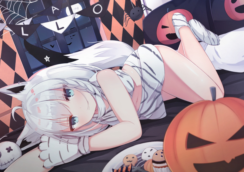 1girl ahoge animal_ears animal_hands animal_print bangs bikini braid bug eyebrows_visible_through_hair fox_ears fox_girl fox_tail full_moon gloves green_eyes hair_between_eyes halloween highres hololive indoors long_hair looking_at_viewer lying moon on_side paw_gloves paw_shoes pentagram pumpkin shirakami_fubuki shoes sidelocks silk single_braid solo spider spider_web swimsuit tail tiger_print touhourh virtual_youtuber white_bikini white_hair window