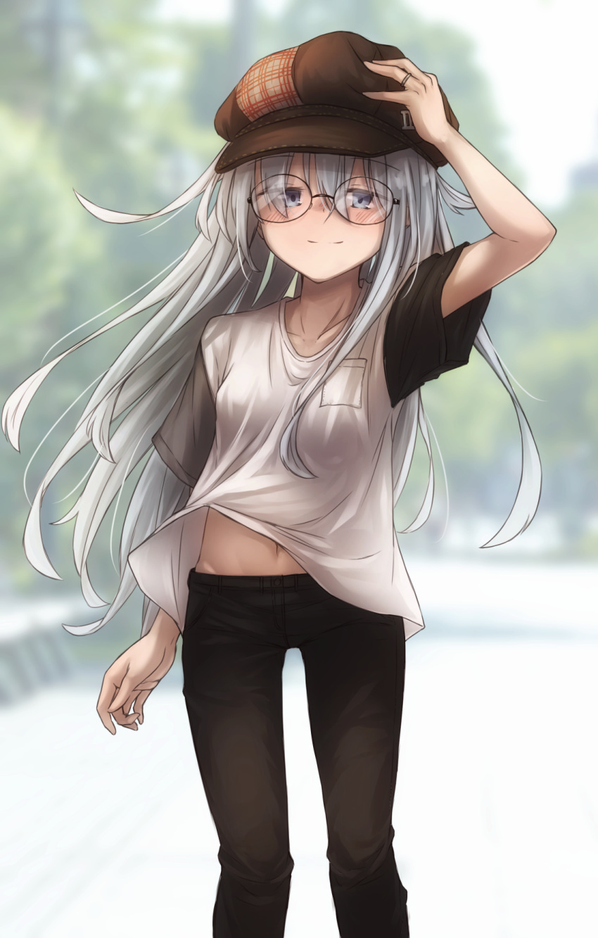 1girl black_pants blue_eyes blush brown_headwear closed_mouth eyebrows_visible_through_hair glasses hair_between_eyes hand_on_headwear hat hibiki_(kancolle) highres jewelry kantai_collection kuuru_(kuuru-n) long_hair navel pants ring shirt silver_hair smile solo t-shirt white_shirt