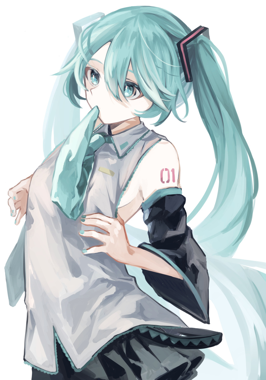 1girl absurdres adjusting_shirt aqua_eyes aqua_hair aqua_nails aqua_neckwear bare_shoulders black_skirt black_sleeves breasts cc_rock commentary detached_sleeves grey_shirt hair_ornament hatsune_miku highres long_hair miniskirt mouth_hold nail_polish necktie necktie_in_mouth pale_skin pleated_skirt shirt shoulder_tattoo sideboob skirt sleeveless sleeveless_shirt solo standing tattoo twintails upper_body very_long_hair vocaloid white_background