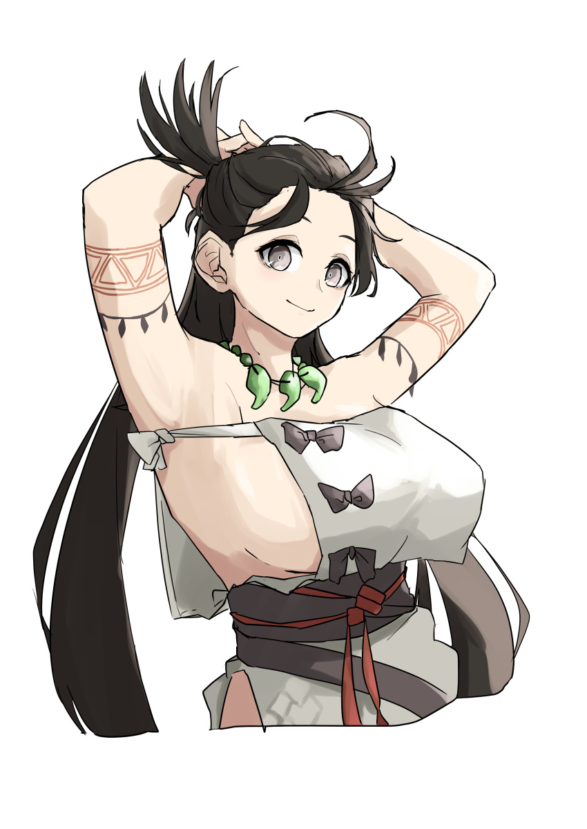 1girl absurdres armpits arms_behind_head arms_up bare_shoulders body_markings breasts brown_eyes brown_hair dress facial_mark fate/grand_order fate_(series) forehead highres himiko_(fate) large_breasts long_hair looking_at_viewer magatama magatama_necklace sanada_ina sash side_slit sideboob smile solo topknot twintails white_dress