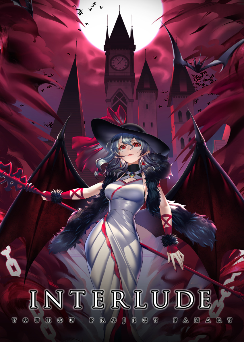 1girl arm_ribbon bangs bat bat_wings breasts chain clock clock_hands clock_tower commentary_request cover cover_page cuffs earrings english_text fur_trim hat hat_ribbon highres jewelry large_breasts light_blue_hair lipstick looking_at_viewer makeup moon older pointy_ears red_eyes red_nails red_ribbon red_sky remilia_scarlet ribbon roman_numeral scarlet_devil_mansion shackles shukusuri sky smile smoke solo spear_the_gungnir touhou tower vampire wings