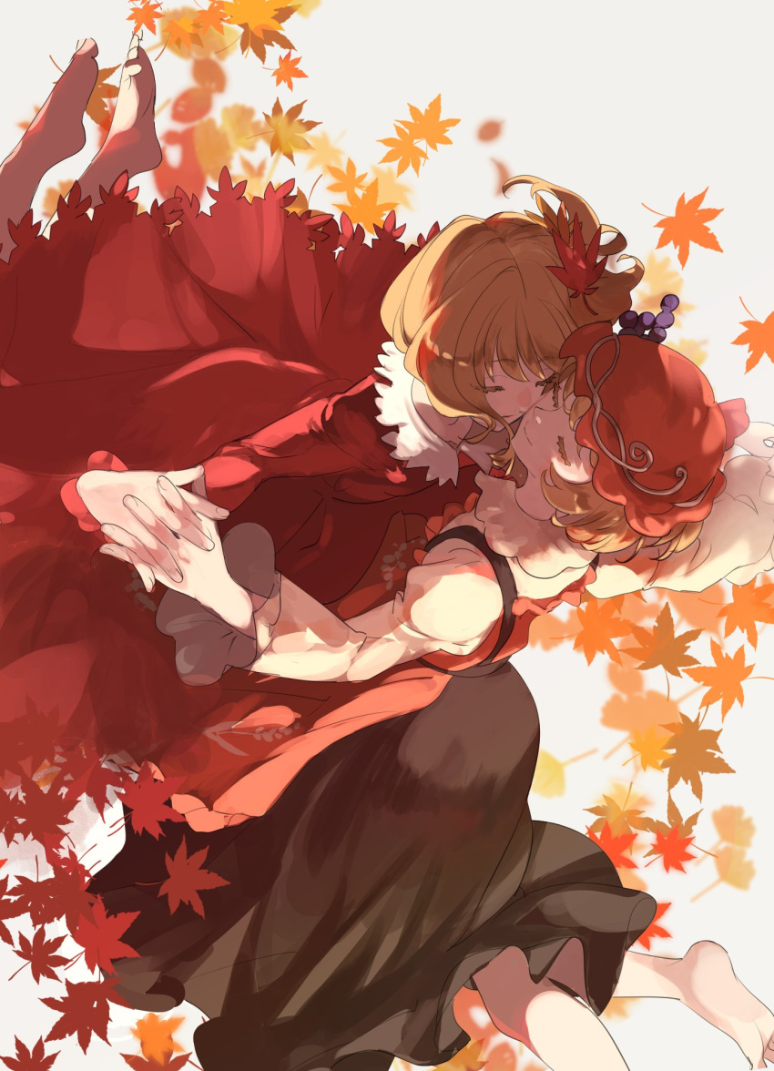 2girls aki_minoriko aki_shizuha autumn_leaves bangs blonde_hair closed_eyes closed_mouth dress eyebrows_visible_through_hair hair_between_eyes hat highres kerok_(joniko1110) leaf long_sleeves multiple_girls short_hair siblings sisters smile touhou wide_sleeves