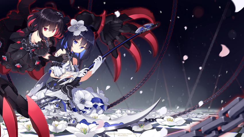 2girls absurdres bangs bare_shoulders black_dress black_gloves blue_eyes blue_hair chain claws closed_mouth disembodied_limb dress dual_persona flower gloves hair_flower hair_ornament highres holding holding_weapon honkai_(series) honkai_impact_3rd looking_at_viewer makadamixa multiple_girls petals red_eyes redhead scythe seele_(alter_ego) seele_vollerei seele_vollerei_(stygian_nymph) short_hair short_sleeves weapon white_dress white_flower white_gloves