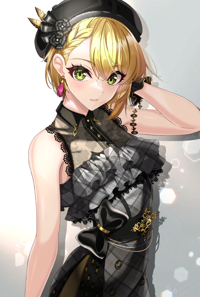 1girl arm_behind_head arm_up bangs bare_shoulders beret black_bow black_headwear blonde_hair blush bow closed_mouth commentary_request dress earrings eyebrows_visible_through_hair fur-trimmed_headwear gradient gradient_background green_eyes grey_background grey_dress hair_between_eyes hat highres idolmaster idolmaster_cinderella_girls idolmaster_cinderella_girls_starlight_stage jewelry looking_at_viewer miyamoto_frederica plaid plaid_dress solo sutoroa white_background