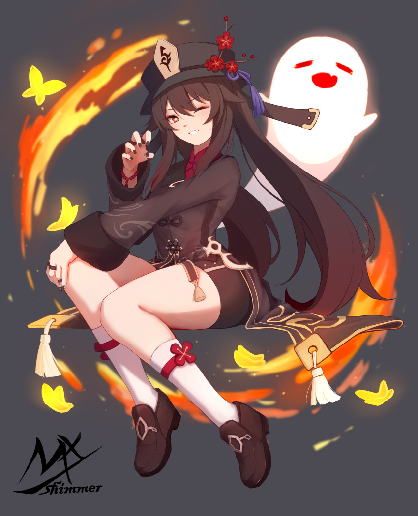 1girl :d =_= absurdres black_footwear black_headwear black_nails black_shorts brown_eyes brown_hair brown_jacket closed_eyes commentary_request fang fire flower full_body genshin_impact ghost grey_background grin hand_on_own_knee hat hat_flower highres hu_tao_(genshin_impact) jacket loafers long_hair looking_at_viewer nail_polish one_eye_closed red_flower shimmer shoes short_shorts shorts smile socks solo twintails very_long_hair white_legwear
