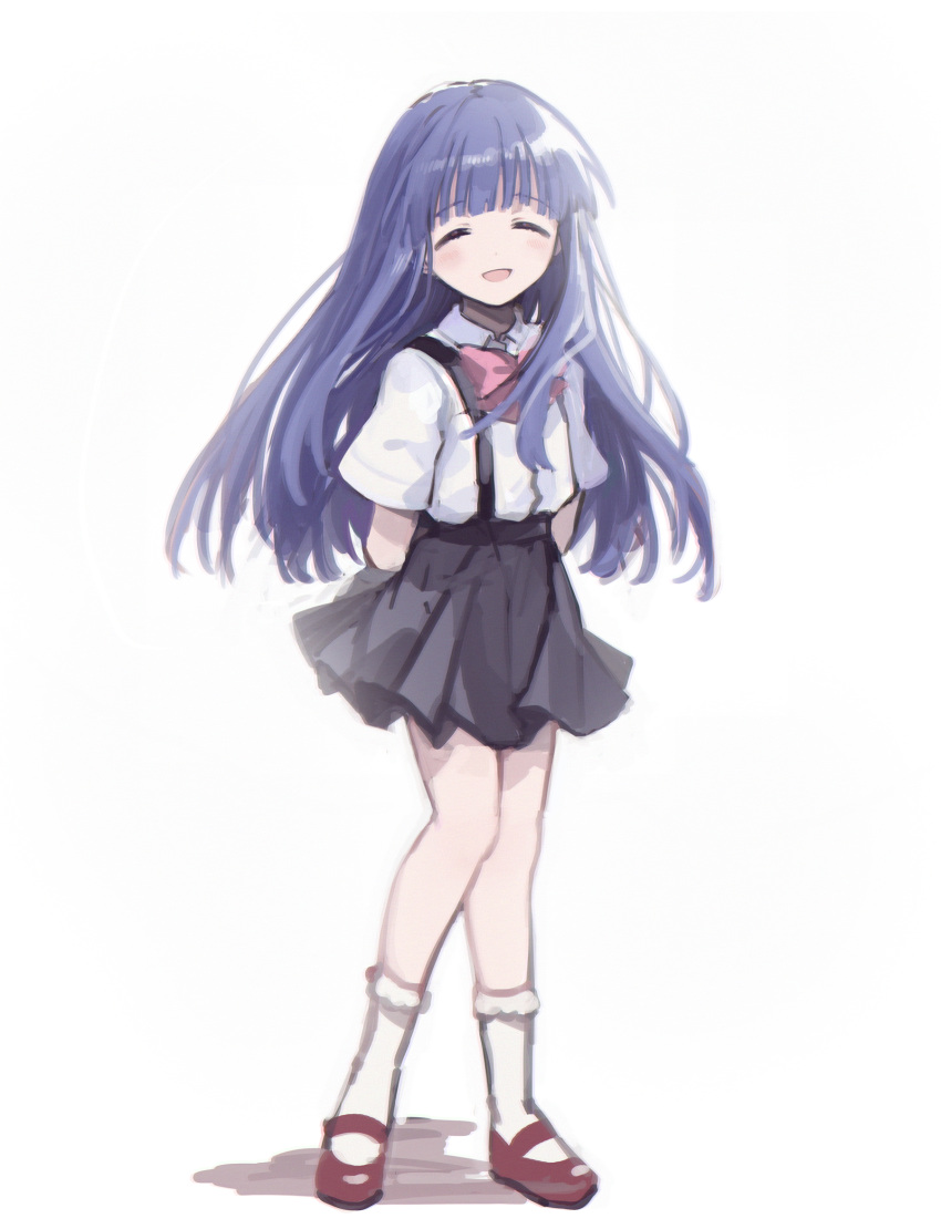 1girl arms_behind_back bangs black_skirt blue_hair blunt_bangs blush bobby_socks bow closed_eyes collared_shirt commentary_request facing_viewer full_body furude_rika highres higurashi_no_naku_koro_ni knees_together_feet_apart korean_commentary long_hair mary_janes mixed-language_commentary multiple_sources parted_lips pink_bow pink_bowtie pleated_skirt red_footwear shirt shoes short_sleeves simple_background sketch skirt smile socks solo standing suspender_skirt suspenders white_background white_legwear white_shirt wing_collar yang38