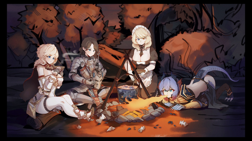 4girls absurdres apron armor between_breasts black_dress black_neckwear blonde_hair blue_eyes blue_hair breasts breathing_fire brown_hair campfire camping cooking dragon_horns dragon_tail dress fire firewood forest frilled_apron frills gloves helmet heterochromia highres holding holding_helmet horns invincible_(warship_girls_r) large_breasts log maid maid_apron maid_headdress multiple_girls nature necktie necktie_between_breasts outdoors peanut_huasheng plate_armor pot puffy_short_sleeves puffy_sleeves renown_(warship_girls_r) short_hair short_sleeves sitting tail tree waist_apron warship_girls_r white_apron white_gloves yellow_eyes