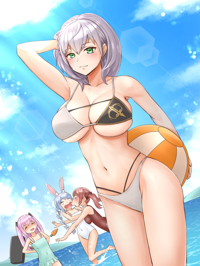 animal_ears ball beachball bikini blue_hair blue_sky braid breasts carrot closed_eyes clouds constricted_pupils covered_navel dutch_angle flat_chest green_eyes highres hololive houshou_marine impossible_clothes impossible_swimsuit large_breasts lens_flare mallet multicolored multicolored_bikini multicolored_clothes navel ocean open_mouth puckered_lips rabbit_ears rabbit_girl redhead shirogane_noel silver_hair sky small_breasts sunlight swimsuit twin_braids twintails two_side_up uruha_rushia usada_pekora virtual_youtuber wading white_hair white_swimsuit yoshimi_takeuchiriki yuri
