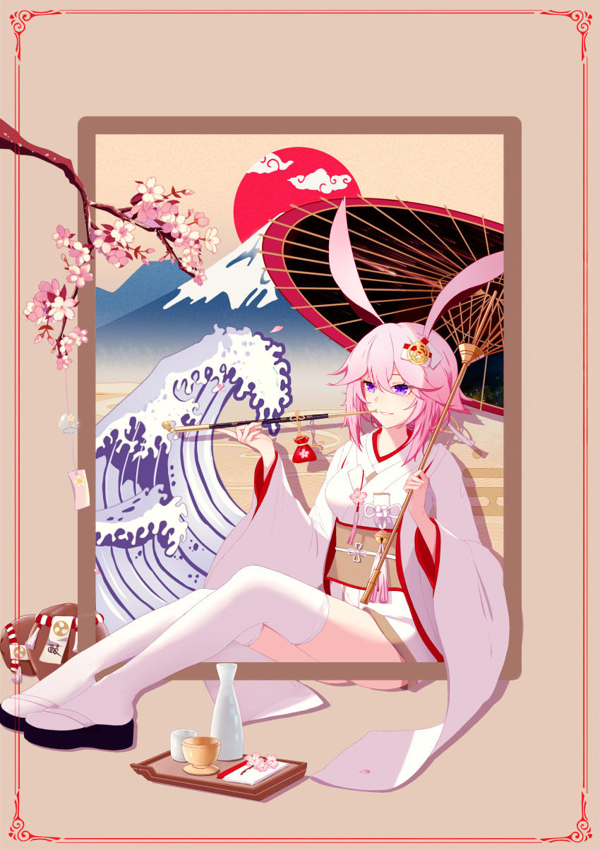 1girl absurdres alcohol animal_ears bangs beige_background branch cherry_blossoms cup dress drinking_glass flip-flops fox_ears full_body goblet hair_between_eyes hair_ornament highres holding holding_umbrella honkai_(series) honkai_impact_3rd japanese_clothes kimono kiseru long_sleeves mochimochi_qwq mountain oil-paper_umbrella painting_(object) petals pink_hair pipe sandals simple_background sitting smoking solo sun tray umbrella violet_eyes water wedding_dress white_kimono white_legwear wind_chime wine wine_glass yae_sakura yae_sakura_(gyakushinn_miko)