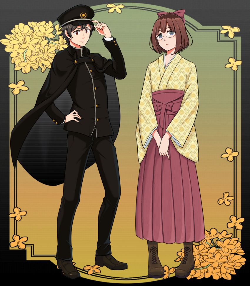 1boy 1girl black_cape black_hair black_headwear black_jacket black_pants blue_eyes boots bow brown_eyes brown_footwear brown_hair cape full_body glasses hair_bow hat highres jacket japanese_clothes kimono long_sleeves nusisippi original pants peaked_cap print_kimono red-framed_eyewear red_bow shoes standing taishou yellow_kimono