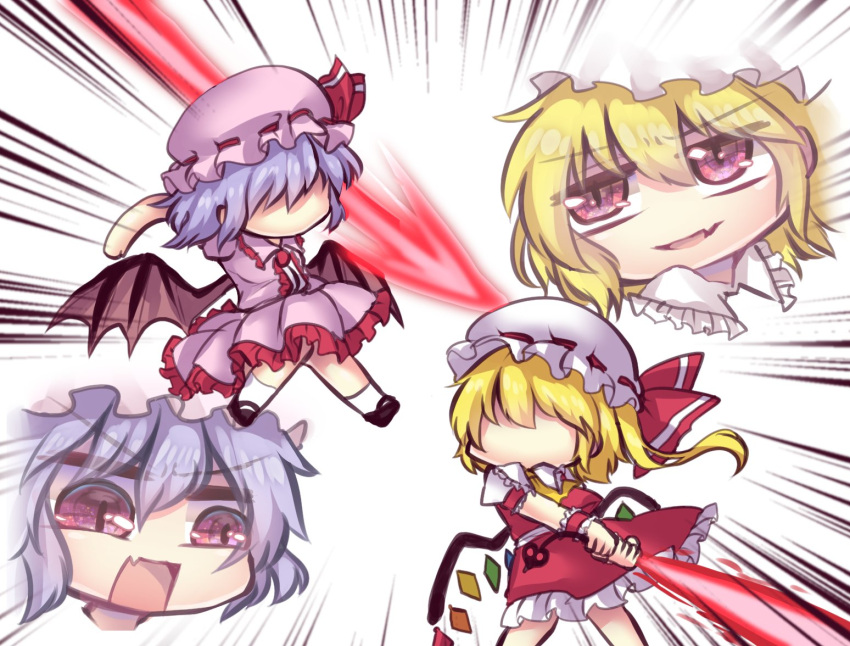 2girls ascot bat_wings crystal emphasis_lines fang fighting flandre_scarlet frilled_shirt_collar frilled_skirt frills hat hat_ribbon laevatein_(touhou) light_purple_hair mob_cap multicolored multicolored_wings multiple_girls open_mouth puffy_short_sleeves puffy_sleeves red_neckwear red_ribbon red_skirt red_vest remilia_scarlet ribbon shirt shoes short_hair short_sleeves siblings side_ponytail sidelocks simple_background sisters skin_fang skirt slit_pupils smug socks spear_the_gungnir touhou unime_seaflower v-shaped_eyebrows vest white_background white_legwear white_shirt wings wrist_cuffs yellow_neckwear