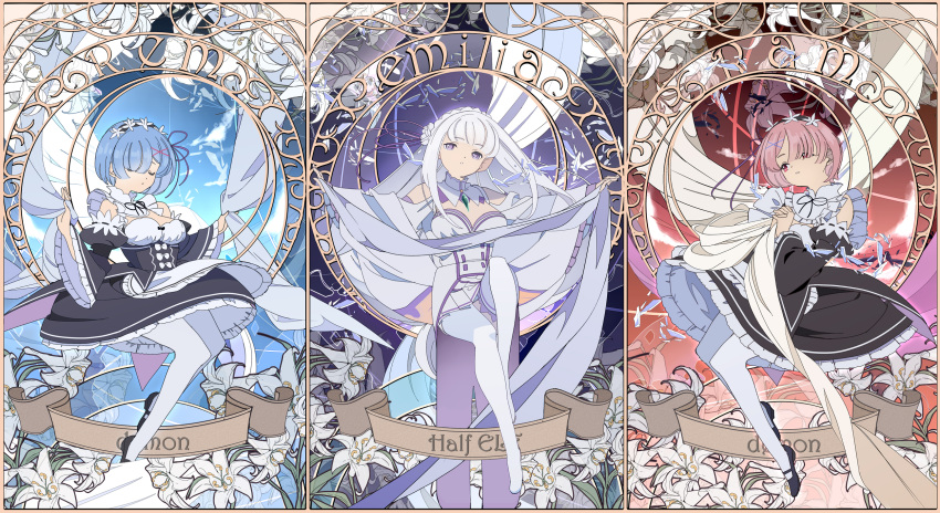 3girls art_nouveau bangs blue_hair blunt_bangs curtains detached_sleeves dress edoya_inuhachi emilia_(re:zero) flower frilled_dress frilled_sleeves frills hair_flower hair_ornament highres long_hair multiple_girls pink_hair ram_(re:zero) re:zero_kara_hajimeru_isekai_seikatsu rem_(re:zero) ribbon short_hair silver_hair white_lily