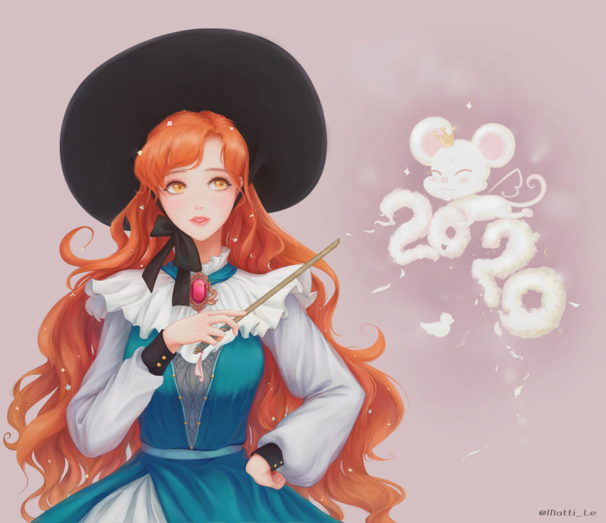 1girl 2020 black_bow bow brooch clouds crown curly_hair dress green_dress hand_on_hip highres jewelry lips long_hair mouse orange_eyes orange_hair original solo sunlight_(kpxv3583) tan_background very_long_hair wand wavy_hair witch wizard