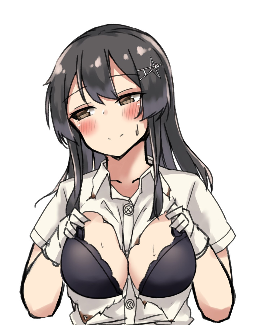 1girl between_breasts black_bra black_hair bra breasts brown_eyes dress_shirt gloves hair_ornament hairclip highres kantai_collection looking_to_the_side medium_breasts oyashio_(kancolle) shirt short_sleeves simple_background solo torn_clothes underwear upper_body wasumi_kei white_background white_gloves white_shirt