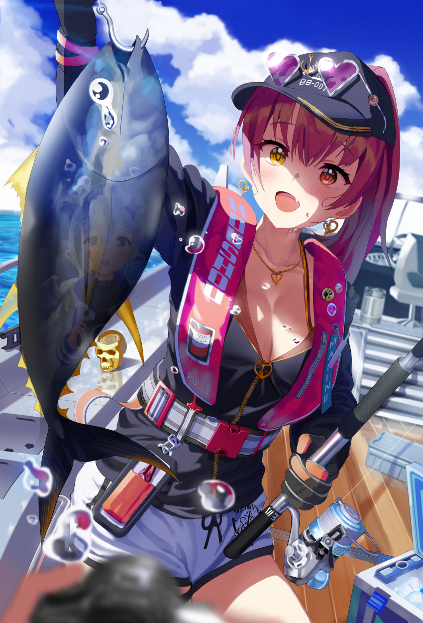1girl :d absurdres arm_up bangs baseball_cap black_gloves black_headwear black_jacket blue_sky blush breasts clouds commentary_request cooler cowboy_shot day earrings eyebrows_visible_through_hair eyewear_on_headwear fang fish fishing_rod gloves go_(mumuke) hair_between_eyes hat heart heart-shaped_eyewear heart_earrings heart_necklace heterochromia highres holding holding_fishing_rod hololive houshou_marine jacket jewelry large_breasts life_vest long_hair long_sleeves looking_at_viewer necklace ocean outdoors ponytail redhead ship short_shorts shorts skin_fang skull sky smile solo sunglasses virtual_youtuber watercraft white_shorts yellow_eyes zipper