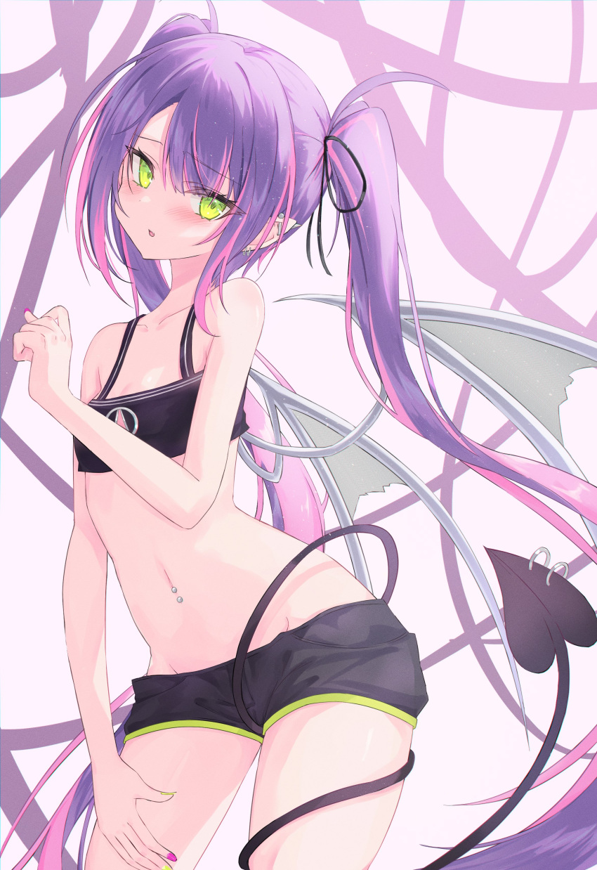 1girl absurdres bare_arms bare_shoulders black_shorts black_tank_top blush cowboy_shot crop_top demon_tail ear_piercing earrings eyebrows_visible_through_hair green_eyes hand_up heart heart_tail highres hololive jewelry long_hair looking_at_viewer midriff mizuongaku multicolored_hair navel navel_piercing open_mouth piercing pink_hair pointy_ears purple_hair short_shorts shorts sidelocks solo streaked_hair tail tail_ornament tail_piercing tank_top tokoyami_towa twintails virtual_youtuber wings