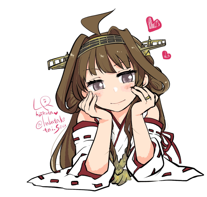 1girl ahoge brown_eyes brown_hair detached_sleeves double_bun hairband hands_on_own_face heart highres japanese_clothes jewelry kantai_collection kongou_(kancolle) long_hair looking_at_viewer lr_hijikata ribbon-trimmed_sleeves ribbon_trim ring signature smile solo twitter_username upper_body wedding_band