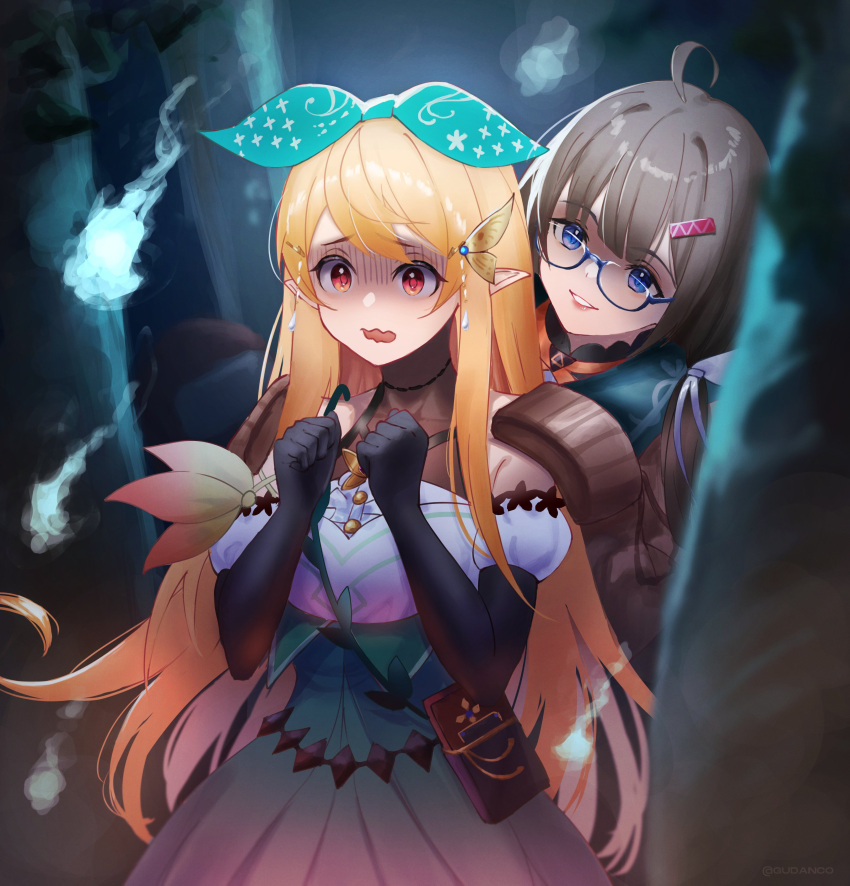 2girls absurdres black_gloves blonde_hair brown_sweater butterfly_hair_ornament cowlick elbow_gloves english_commentary eyebrows_behind_hair glasses gloves green_skirt gudanco_(nyanmeowzer) hair_behind_ear hair_ornament hairclip hands_on_another's_shoulders head_tilt high-waist_skirt highres kataribe_tsumugu multiple_girls nijisanji nijisanji_en open_mouth parted_lips pointy_ears pomu_rainpuff scared shaded_face skirt sleeves_past_fingers sleeves_past_wrists sweater virtual_youtuber