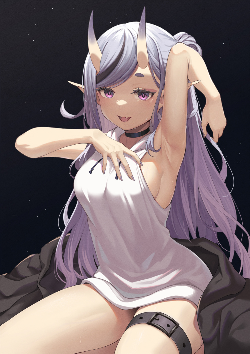 1girl arm_up armpits bangs baseness blue_hair breasts choker empty_eyes eyeliner fang gradient_hair highres hood hoodie horns long_hair looking_at_viewer makeup medium_breasts mole mole_under_mouth multicolored_hair nail_polish naked_hoodie nijisanji one_side_up oni oni_horns open_mouth pointy_ears purple_hair purple_nails rindou_mikoto sideboob skin_fang sleeveless sleeveless_hoodie smile solo streaked_hair sweat swept_bangs thigh_strap violet_eyes virtual_youtuber