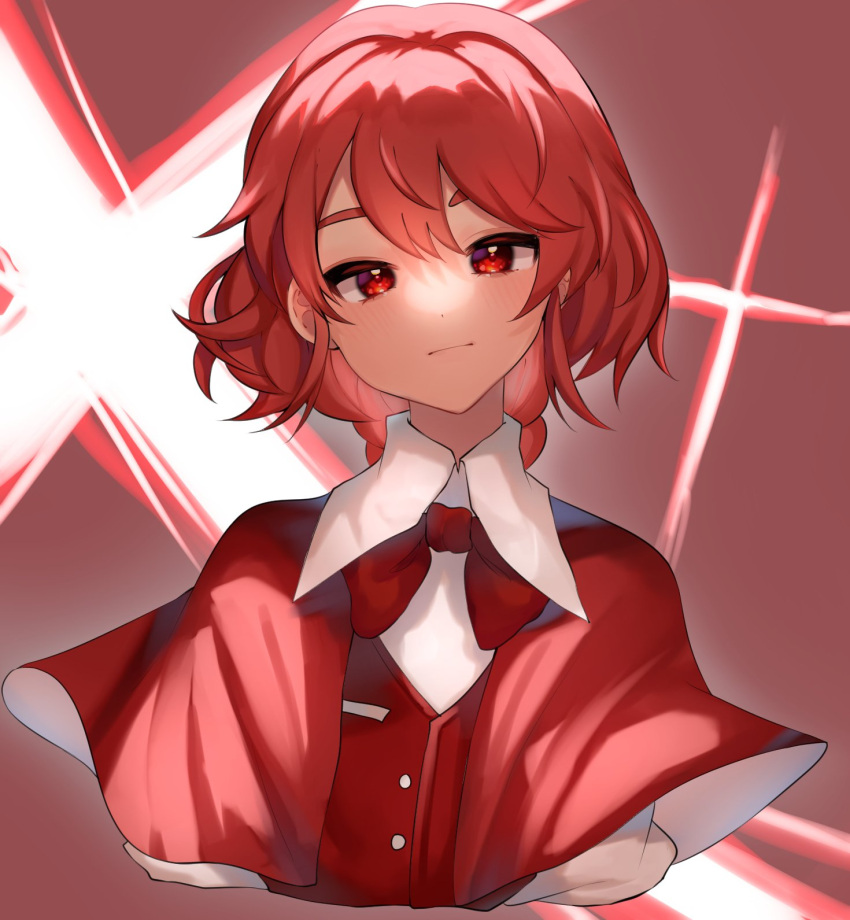 1girl bangs bow bowtie braid braided_ponytail capelet closed_mouth commentary cropped_torso expressionless eyebrows_behind_hair head_tilt highres long_hair looking_at_viewer majime_joe okazaki_yumemi red_bow red_capelet red_eyes red_neckwear red_vest redhead simple_background solo touhou touhou_(pc-98) upper_body vest wing_collar
