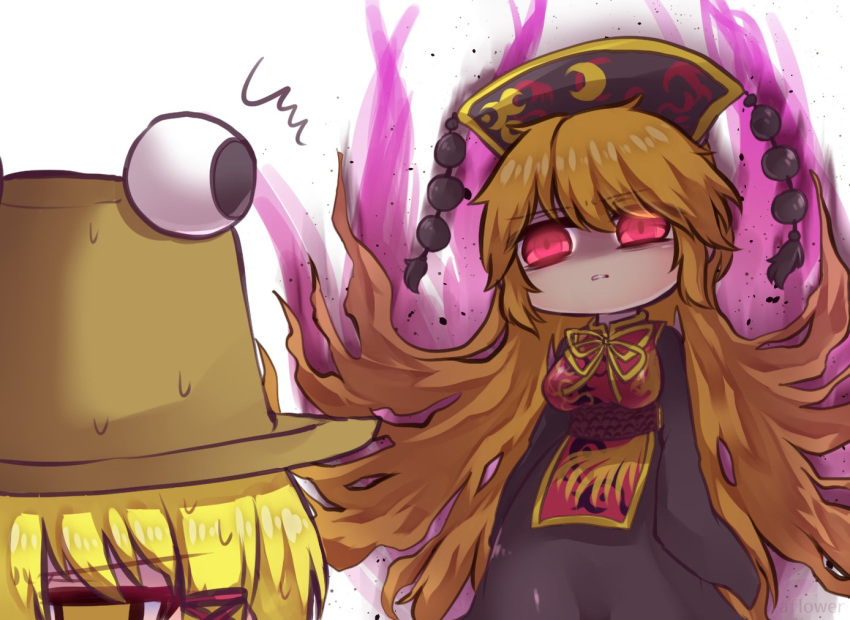 2girls angry aura bangs black_sleeves blonde_hair breasts chinese_clothes commentary_request eyebrows_visible_through_hair fox_print fox_tail glowing glowing_eyes hair_ribbon junko_(touhou) large_breasts long_hair long_sleeves looking_at_another moriya_suwako multiple_girls multiple_tails one-hour_drawing_challenge orange_hair phoenix_crown pyonta red_eyes red_ribbon ribbon simple_background standing sweat sweatdrop sweating_profusely tabard tail tassel touhou tress_ribbon unime_seaflower white_background wide_sleeves yellow_eyes yellow_neckwear yellow_ribbon
