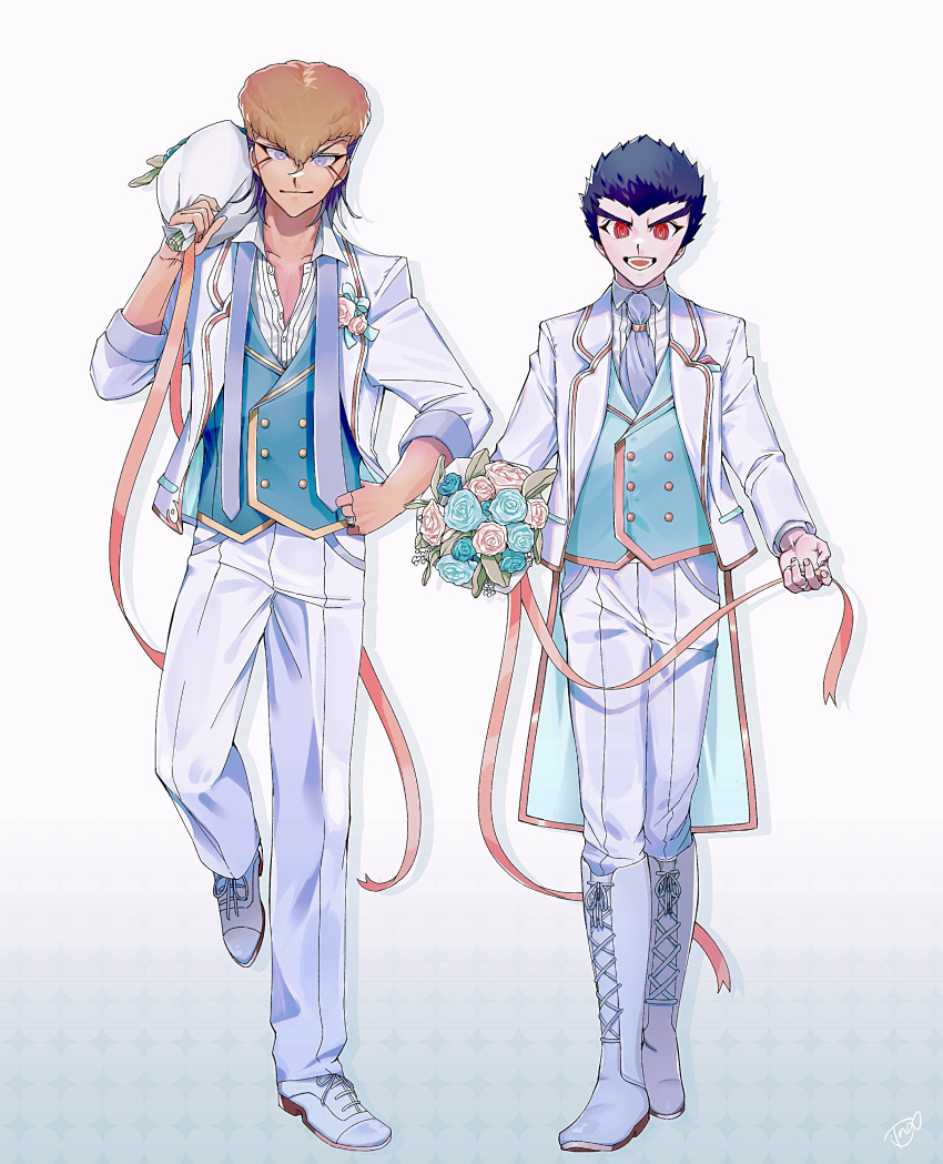 2boys absurdres alternate_costume bangs black_hair blue_flower boots bouquet brown_hair buttons collarbone collared_shirt danganronpa:_trigger_happy_havoc danganronpa_(series) double-breasted dress_shirt flower foot_up full_body highres holding holding_bouquet ishimaru_kiyotaka jacket knee_boots long_sleeves male_focus multiple_boys neckwear_request octo_(sumidanagi) oowada_mondo open_mouth over_shoulder pants pink_eyes pink_ribbon red_eyes ribbon shiny shiny_hair shirt shoes short_hair simple_background smile striped striped_shirt teeth white_background white_flower white_footwear white_jacket white_pants white_shirt