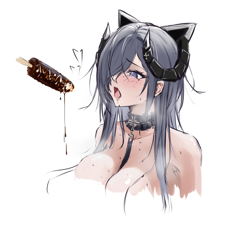 1girl august_von_parseval_(azur_lane) azur_lane bare_shoulders black_horns blue_eyes blue_hair blush breasts chocolate_banana collarbone eyebrows_visible_through_hair food hair_between_eyes hair_over_one_eye heart heart-shaped_pupils highres horns ice_cream iron_cross jewelry large_breasts long_hair long_loye looking_up naked_shirt necklace open_mouth saliva shirt solo_focus symbol-shaped_pupils upper_body white_background