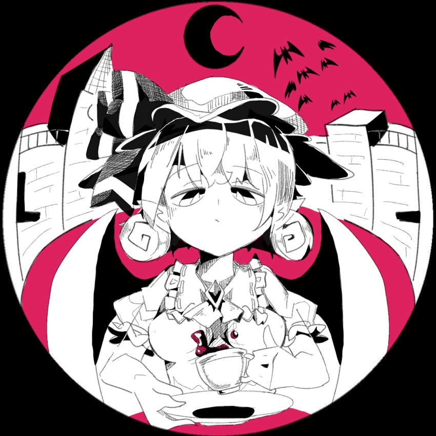 bat bow breasts bright_pupils building crosshatching cup hat hatching_(texture) jewelry lcz looking_down mob_cap monochrome moon pink_background pout remilia_scarlet short_sleeves teacup touhou upper_body vampire white_pupils wings